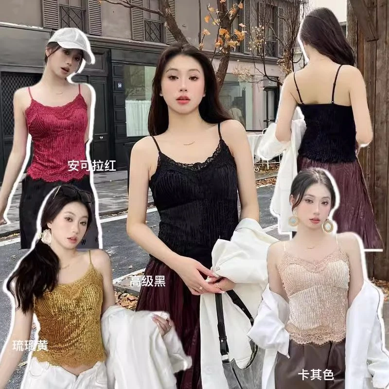 新款法式丝绒蕾丝边褶皱美背性感小吊带轻奢保暖修身辣妹上衣3010