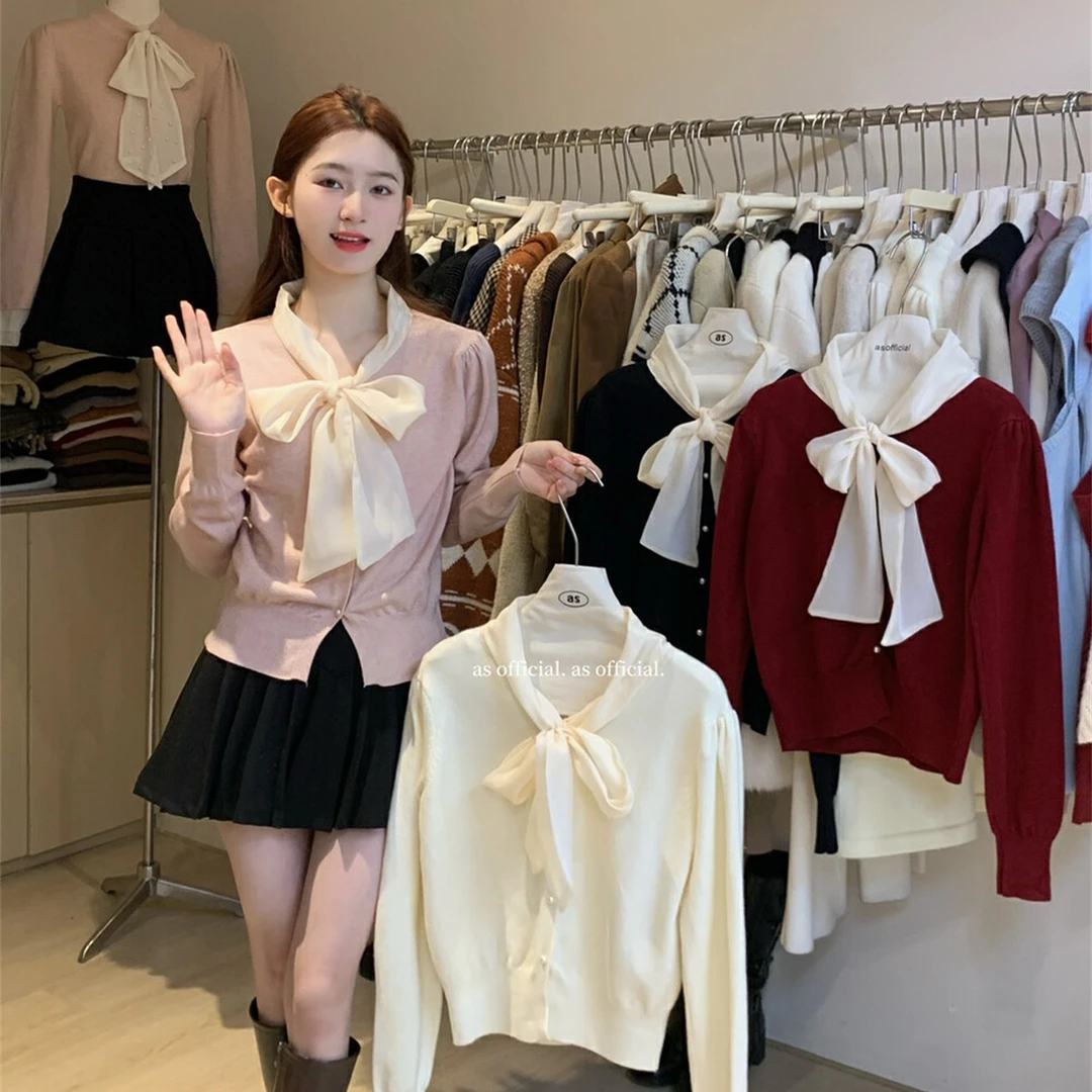 法式蝴蝶结系带针织开衫女秋冬小香风设计感宽松毛衣外套A2-43