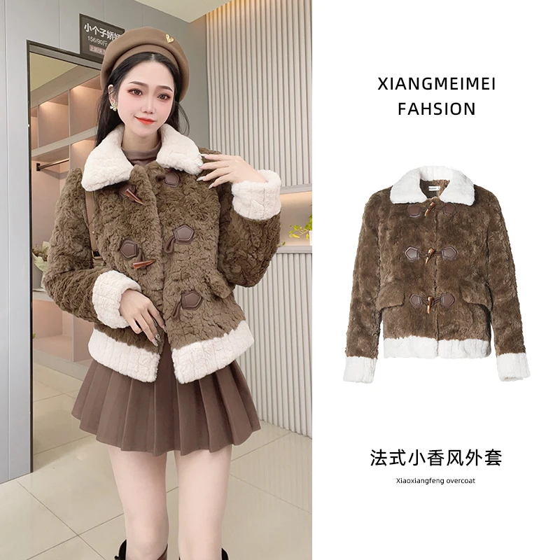 小香风牛角扣羔毛外套女秋冬季高级感加绒加厚保暖毛绒绒棉衣服