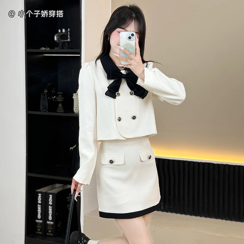 小香风套装女小个子气质蝴蝶结外套春季短款时尚白色短款时尚白色