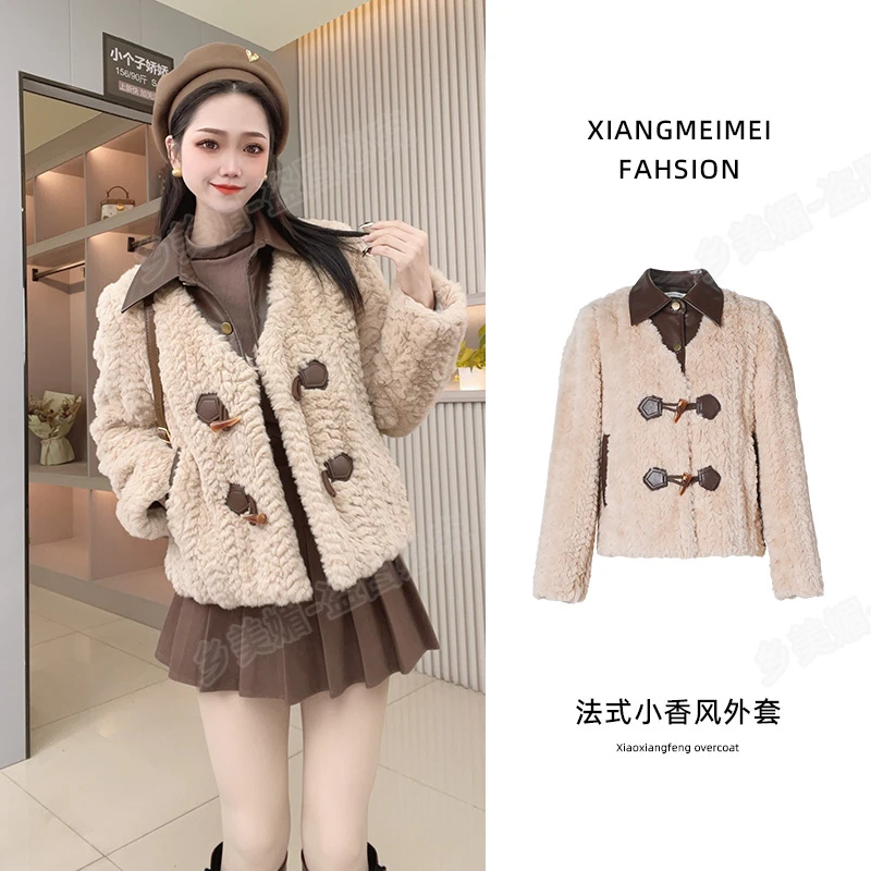 小香风拼色上衣女外套翻领加厚羔毛外套女秋冬保暖宽松毛绒绒棉衣