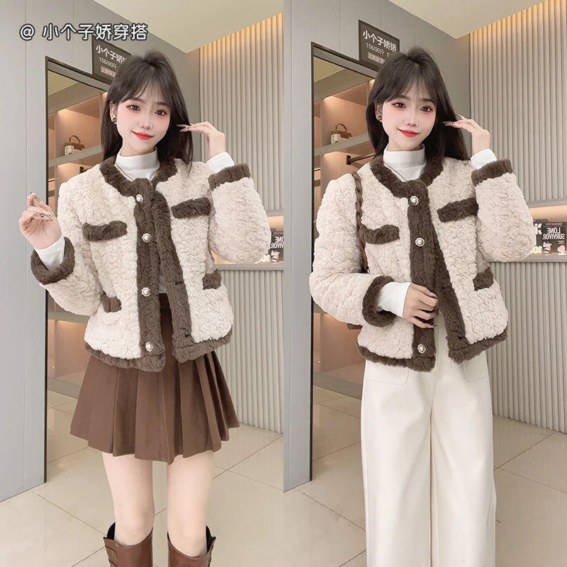 羔毛外套女秋冬加厚2025新短款小香风毛毛复古宽松夹棉毛绒上衣