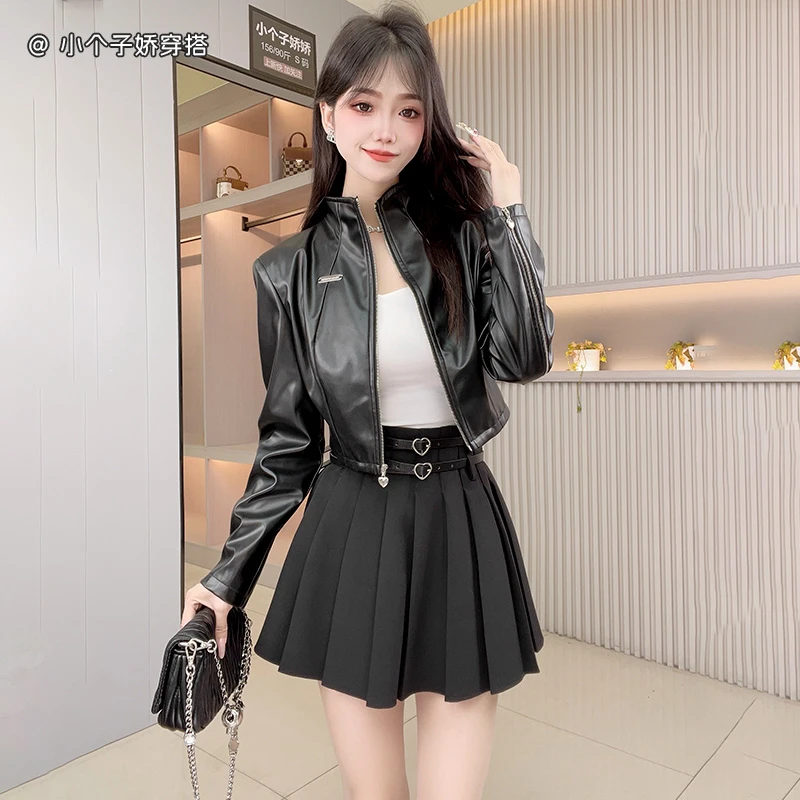 黑色立领pu皮衣外套女秋季高级感宽松小个子气质机车短款夹克上衣