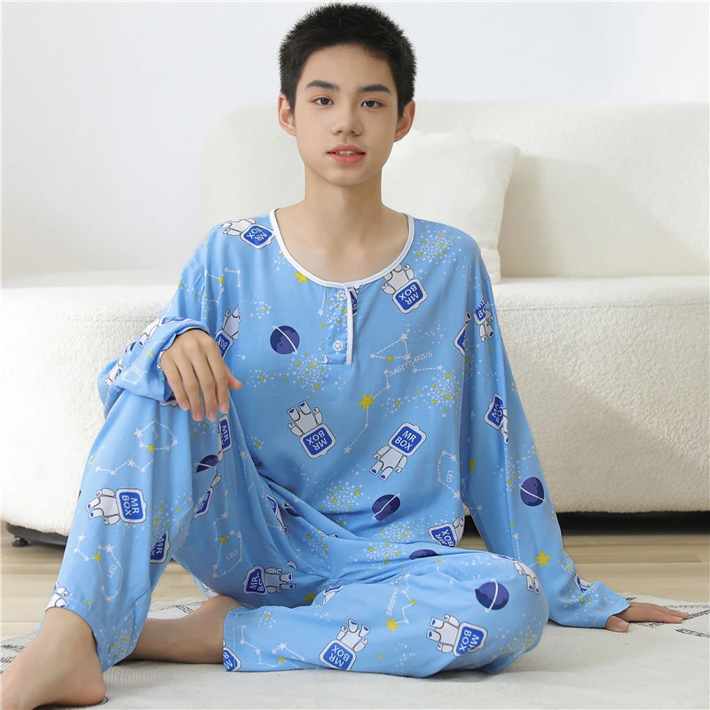 男孩绵绸睡衣男童家居服薄款夏季青少年棉绸套装男中大童学生宽松