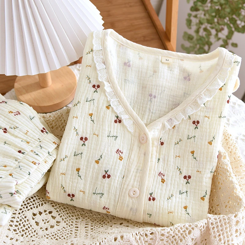 2024年秋季新款纯棉睡衣女长袖长裤绉布双层纱V领开衫家居服套装