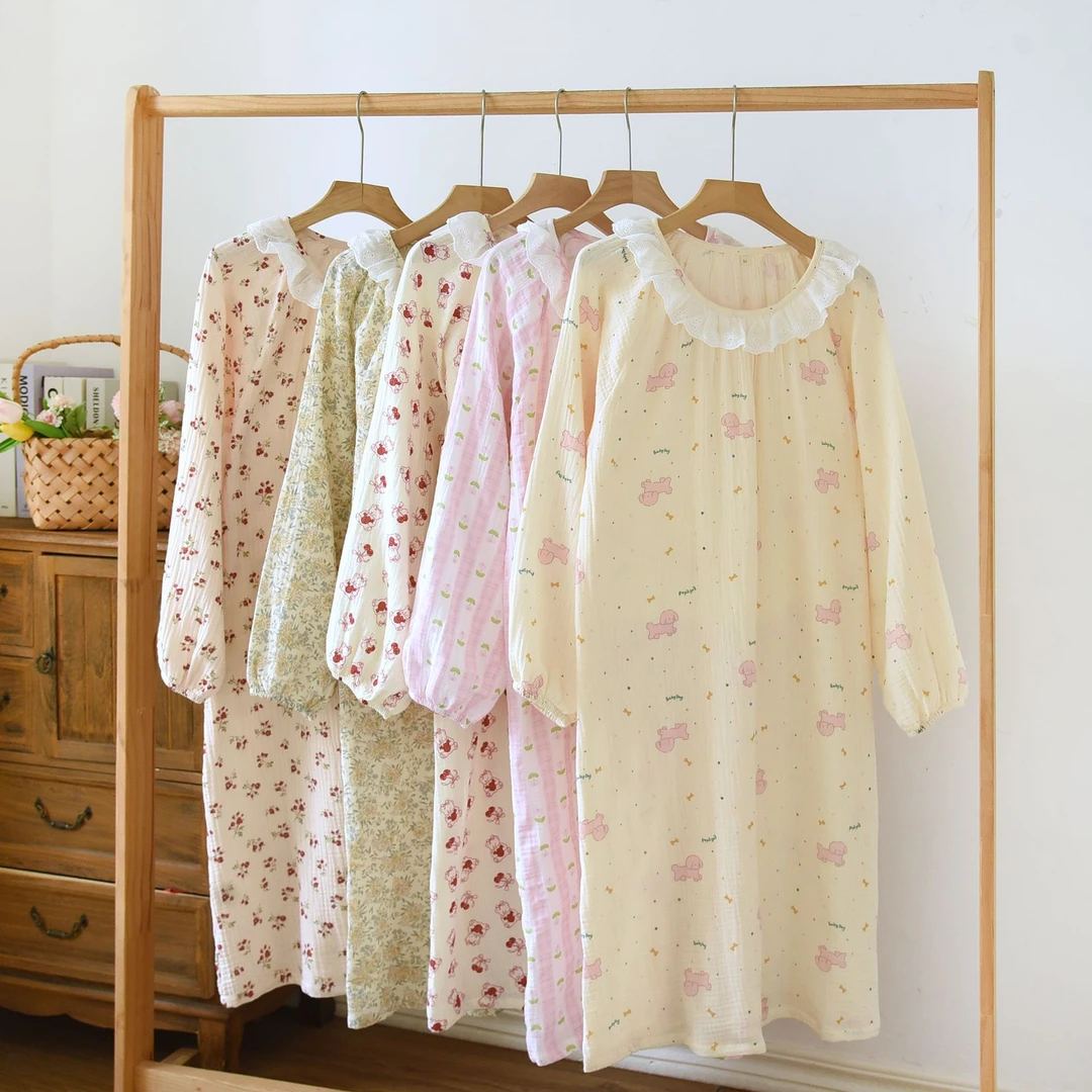 长袖睡裙女士简约大码双层纱布家居裙夏季新款多花色绉布木耳领裙