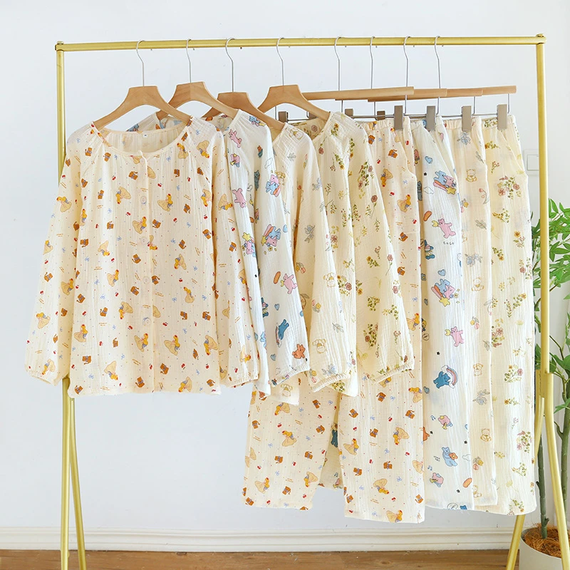 圆领新款睡衣女春秋全棉纱布双层绉布长袖全棉家居服套装开衫清新