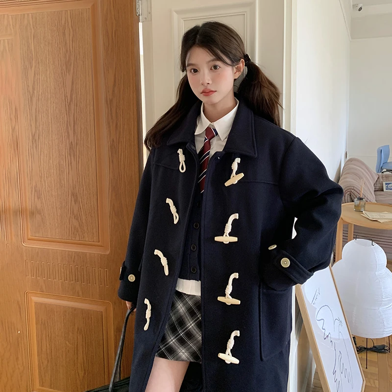 东京岁时记jk秋冬季新款中长款夹棉可机洗外套牛角扣毛呢大衣女装