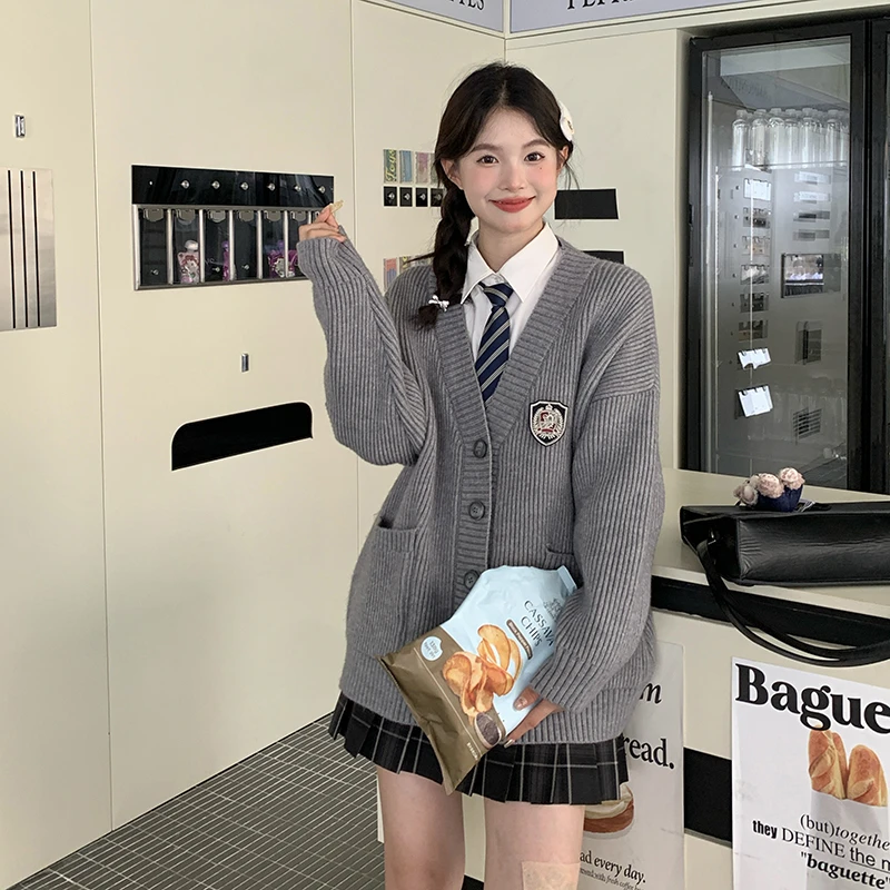 栗冬学院灰色jk毛衣针织开衫外套女装春秋学院慵懒风东京岁时记JK