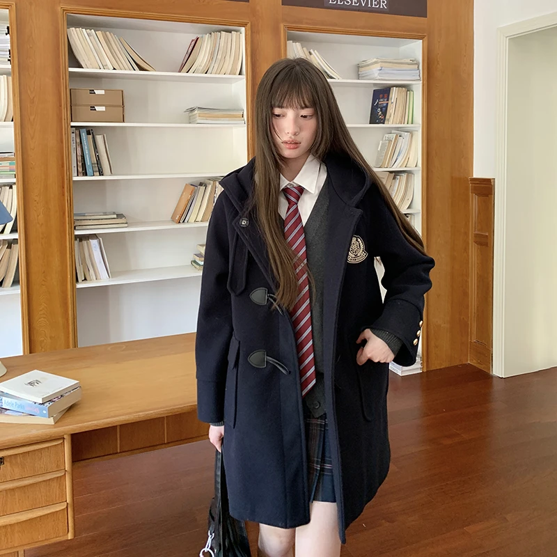 东京岁时记jk秋冬季新款户外外套牛角扣夹棉学院风服装女毛呢大衣