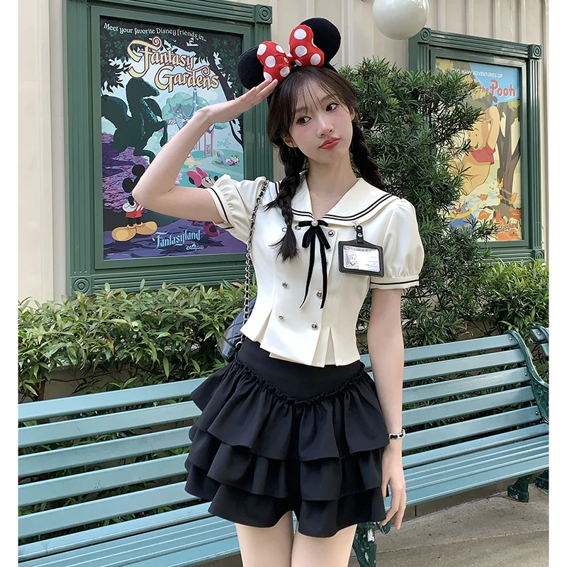 慕斯美式学院风JK制服衬衫辣妹水手领上衣海军收腰新款东京岁时记