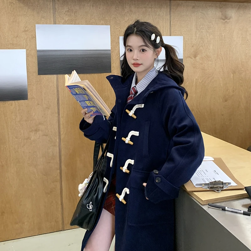 东京岁时记JK学院风牛角扣大衣毛呢连帽外套女2025秋冬新款小个子
