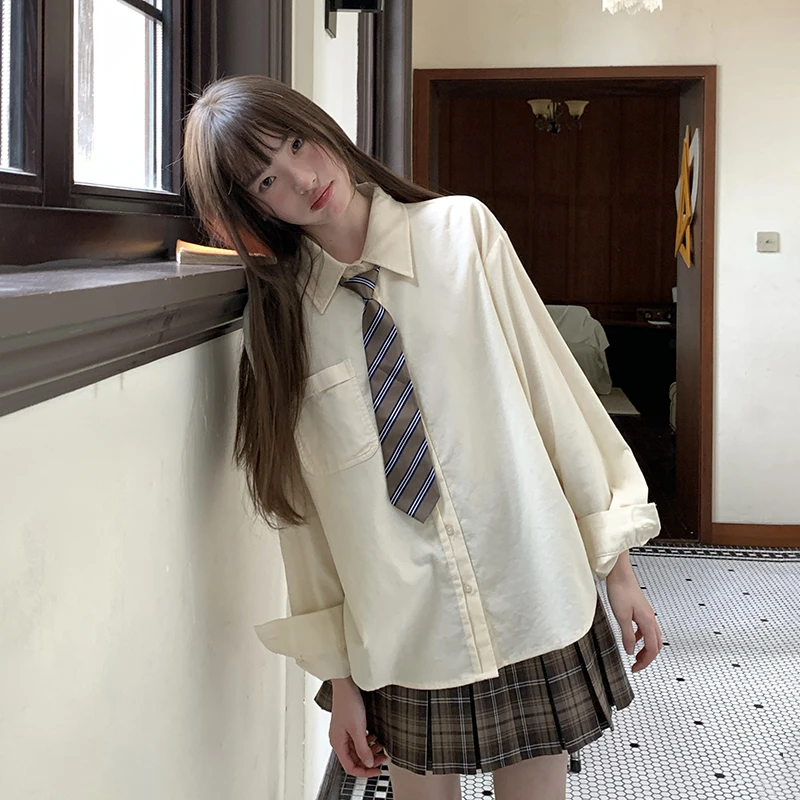 东京岁时记jk秋季新款显瘦奶黄色灯芯绒长袖衬衫宽松纯棉上衣套装