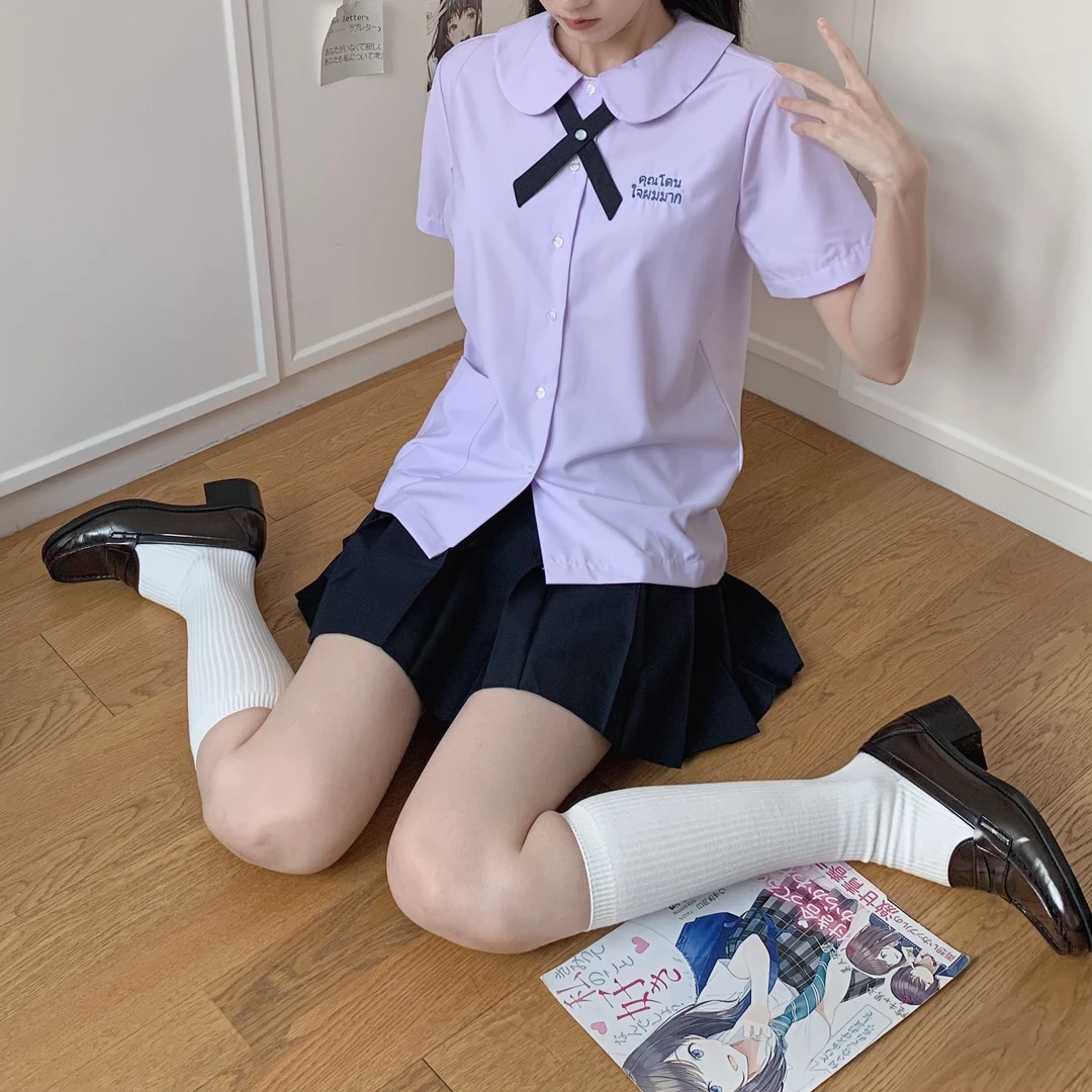 东京岁时记夏季原创JK衬衣字母设计感休闲显瘦学生泰式水紫色衬衫