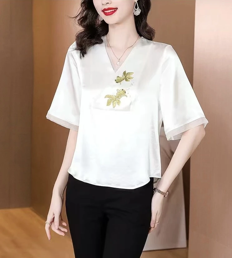 【锦鲤】新中式金鱼刺绣V领气质显瘦上衣