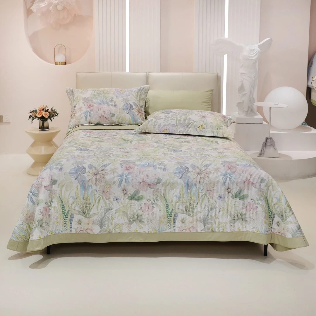 林小花热带雨林 高档纯棉清新床盖三件套轻奢双面四件套 亲肤床盖