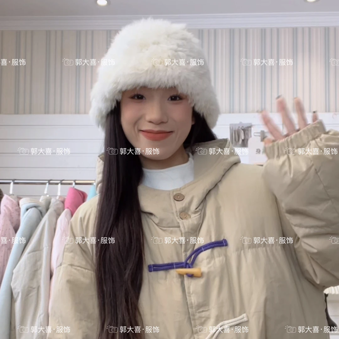 女长款韩版牛角扣宽松连帽棉外套
