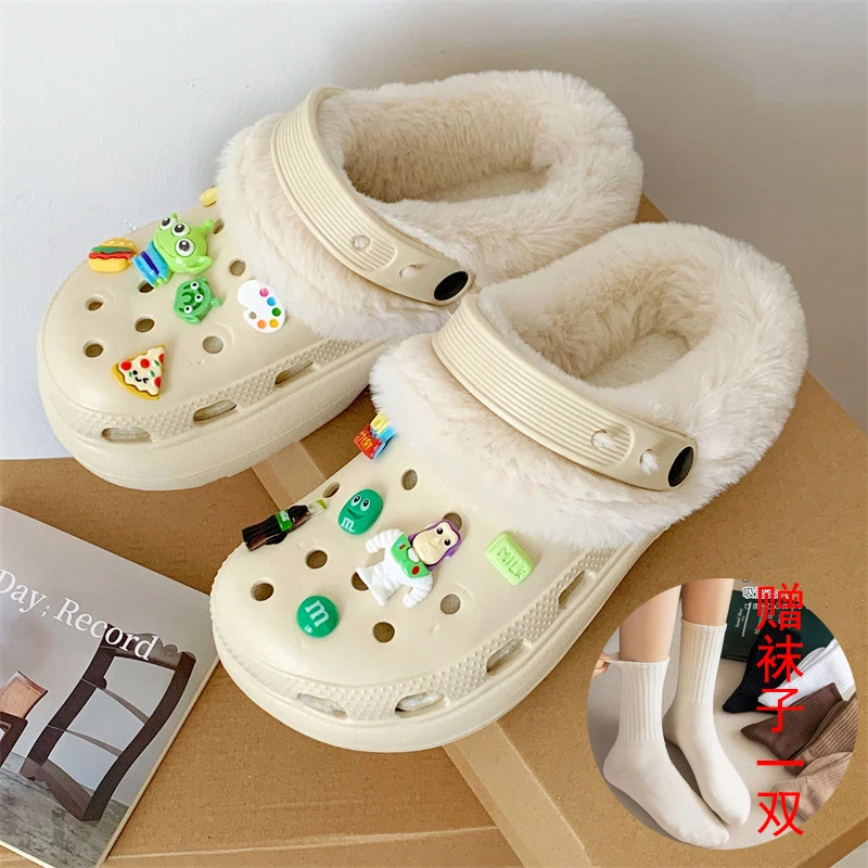 日本GP拖鞋女外穿厚底毛毛拖加绒保暖可拆卸棉拖雪屋加绒洞洞鞋