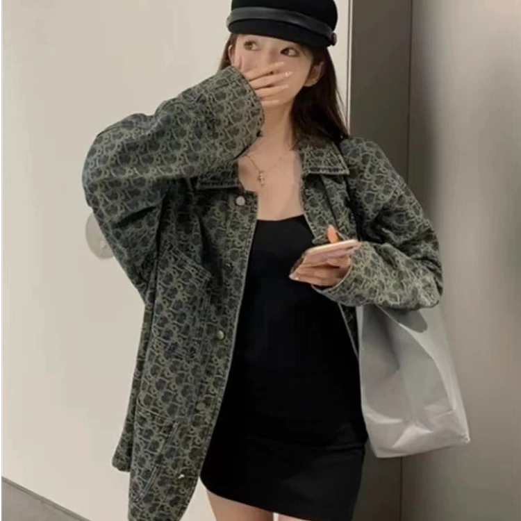 美式复古牛仔衬衫外套女春秋季2024新款宽松高级感中长款休闲上衣