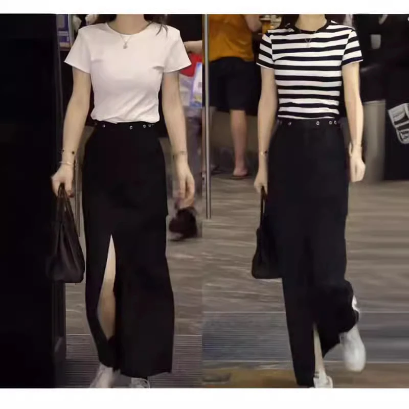 24337时尚百搭秀2024夏季新款圆领条纹打底衫高腰开叉半身裙显瘦
