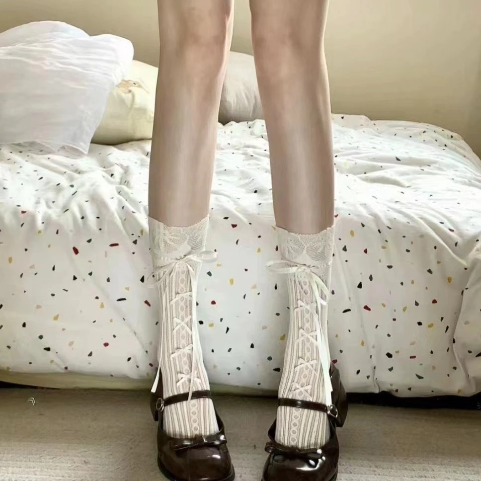 纯欲芭蕾风少女蕾丝袜子小腿丝带蝴蝶结镂空网眼透气堆堆袜子T211