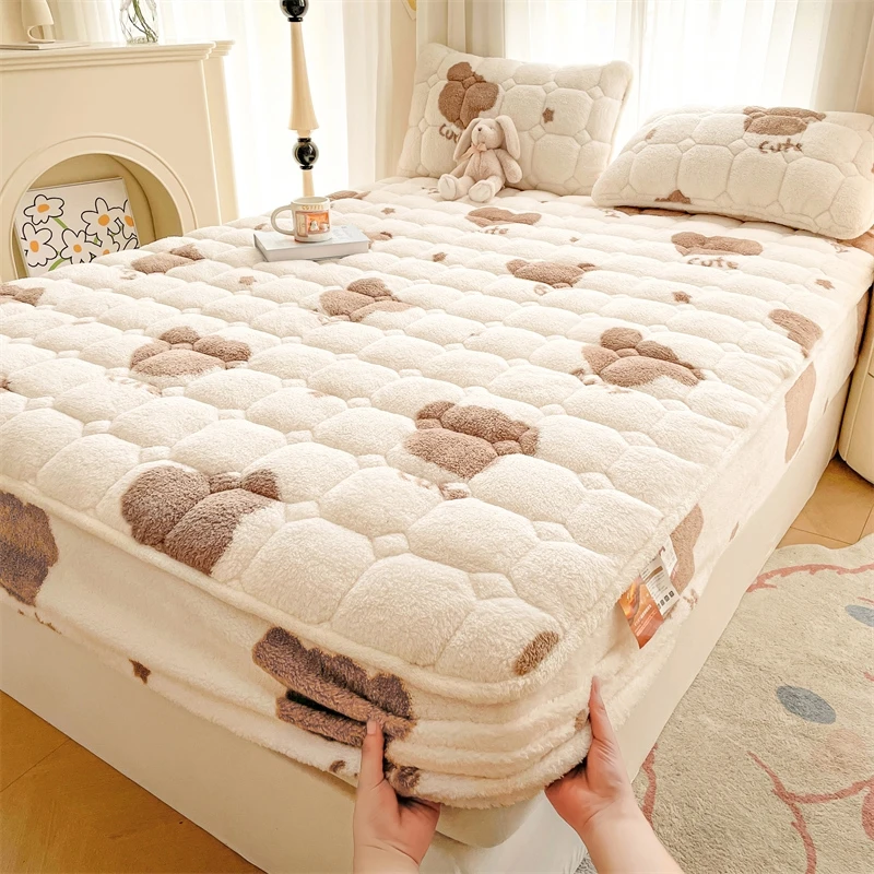 谜言2024冬款新品泰迪绒加厚夹棉床笠北极绒榻榻米床垫保护罩