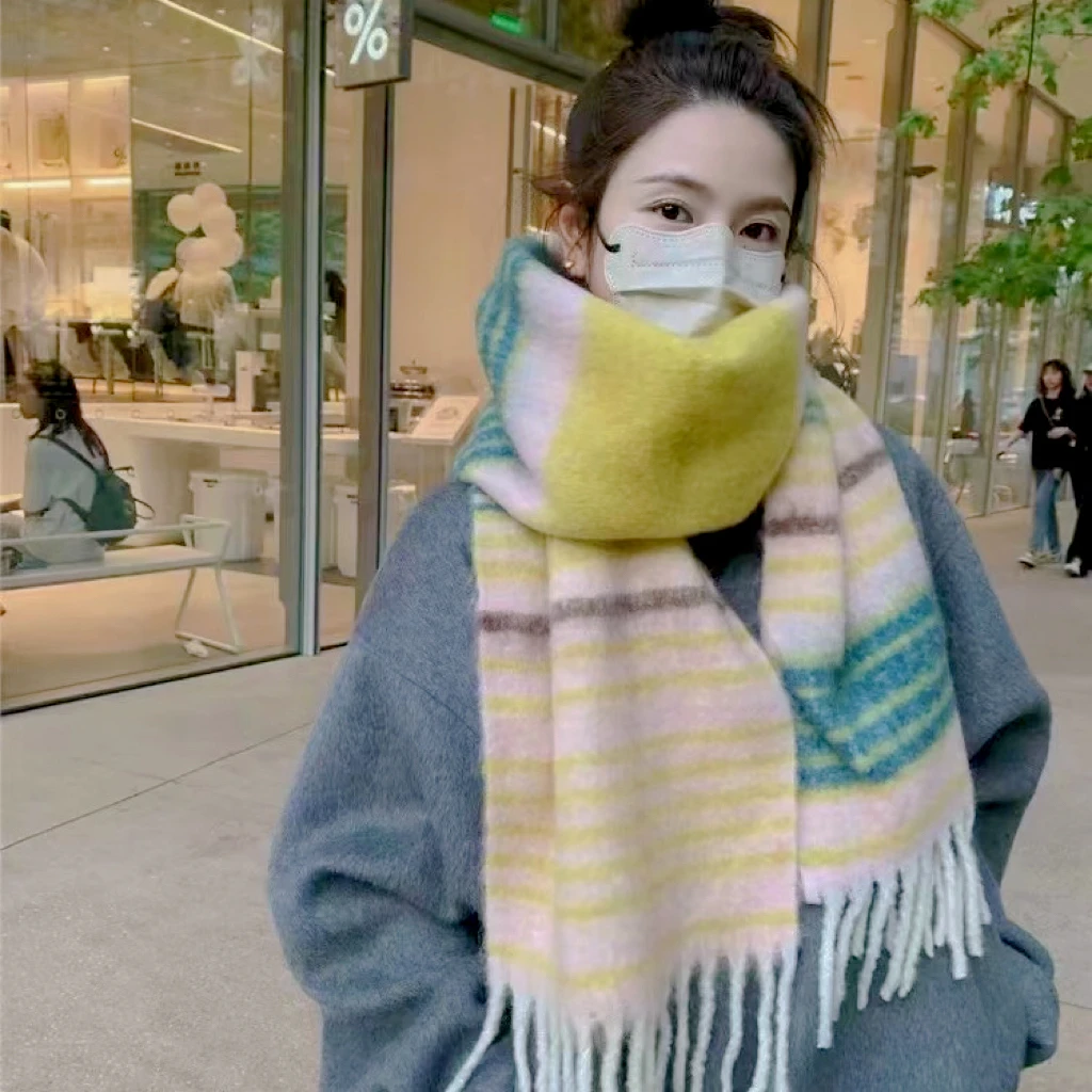 彩色条纹长款窄版马海毛围巾