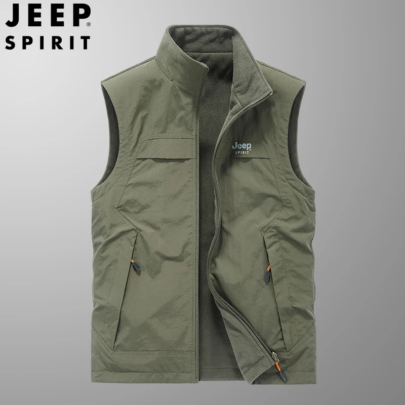 JEEPSPIRIT加绒马甲男秋冬宽松休闲背心双面可穿多口袋工装马夹