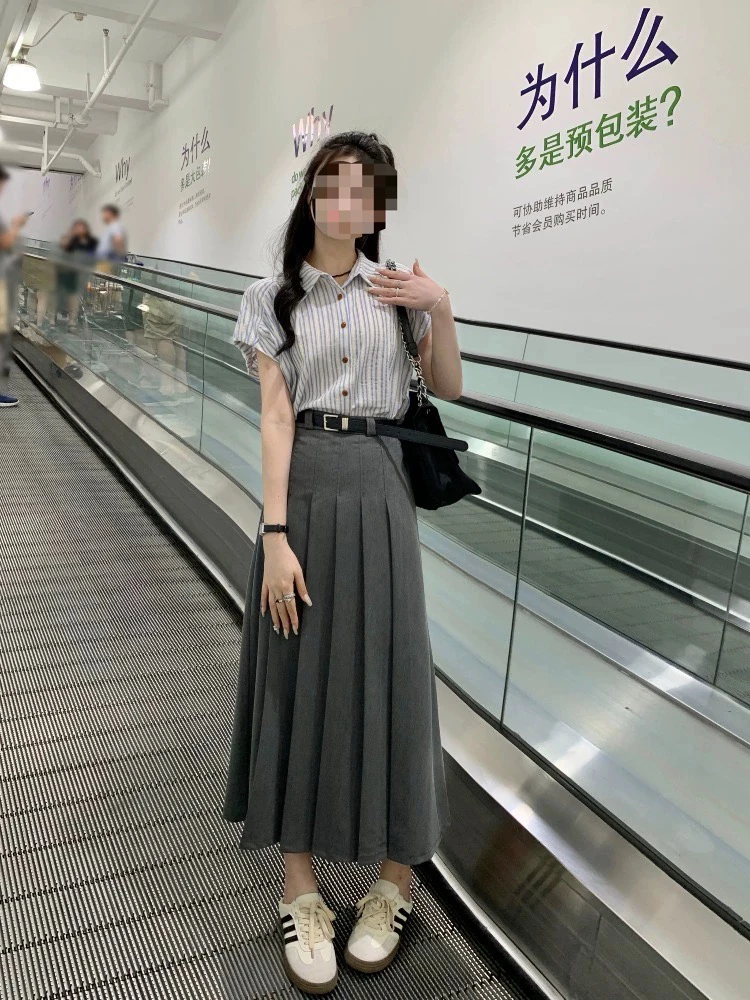 夏季高级感套装女百褶西装半身长裙2024年新款条纹衬衫两件套上衣