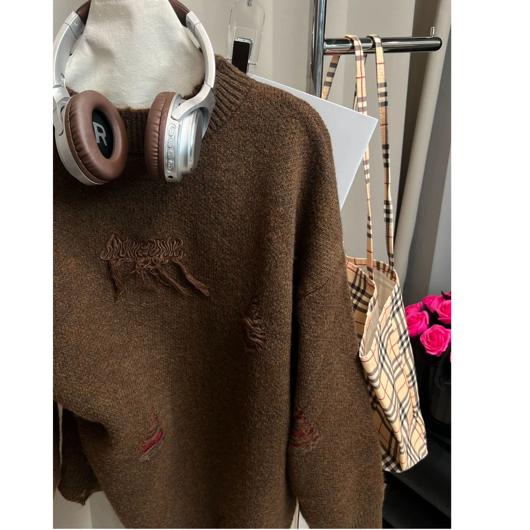 针织毛衣长袖休闲百搭加厚宽松套头高货破洞版毛衣