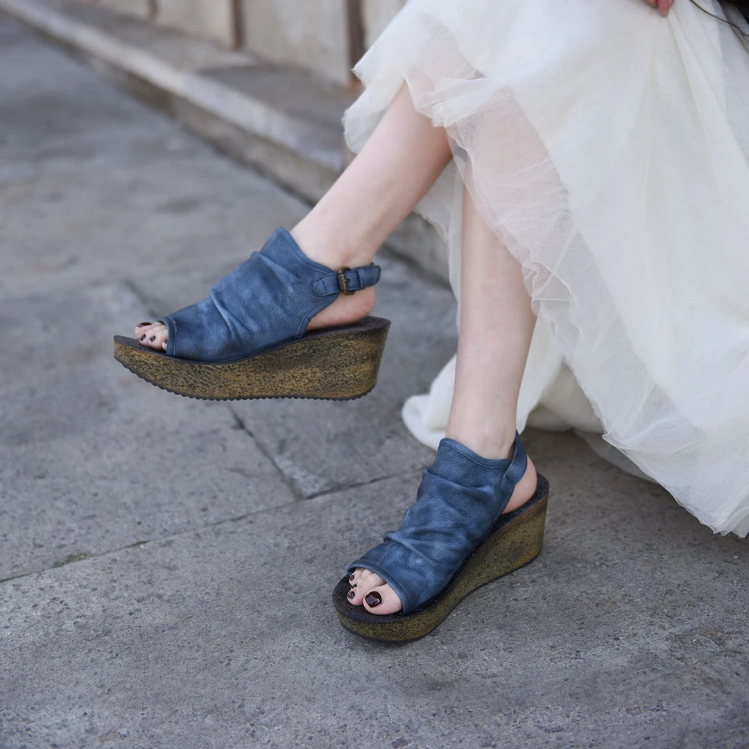 Artmu阿木原创复古真皮厚底坡跟露趾高跟凉鞋新款夏季外穿P215-50