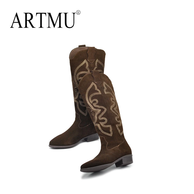 Artmu阿木复古西部牛仔靴刺绣尖头长靴高筒骑士靴长筒靴女E05-2