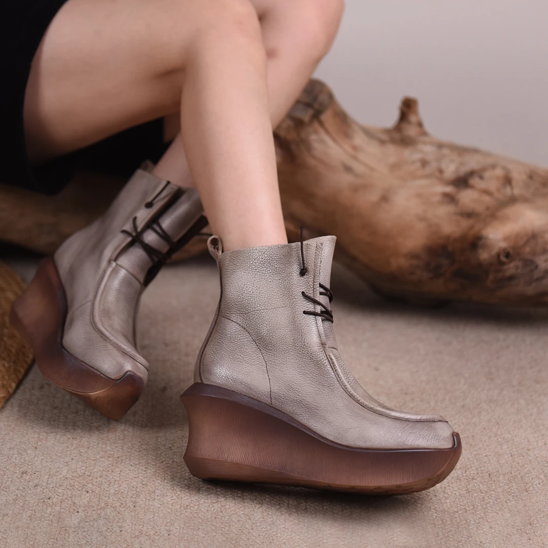 Artmu阿木原创复古厚底坡跟短靴女小个子靴子松糕靴高跟靴23Q2076