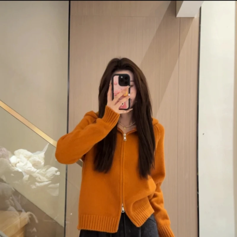 韩版慵懒风连帽针织开衫女秋冬款双拉链针织毛衣 9000