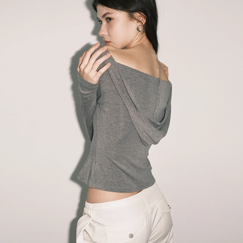 NOANSWER浅灰/卡其一字领连帽修身长袖T恤显瘦上衣女
