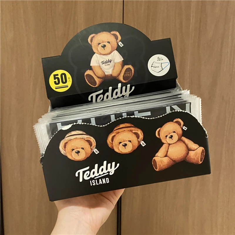 小狮子瑞恩Teddy Island联名一次性黑色可爱小熊印花口罩独立包装