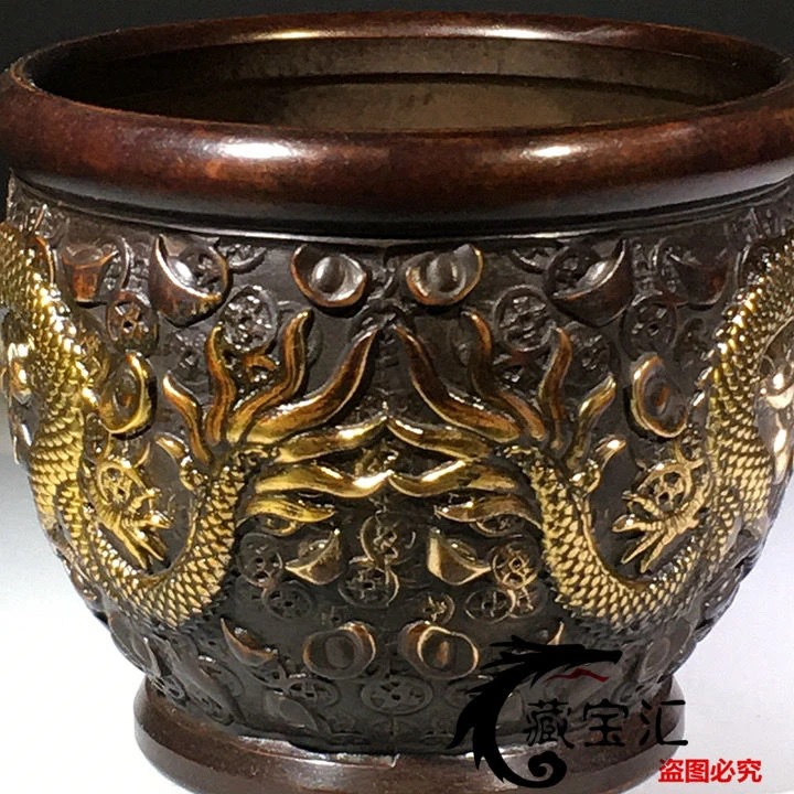 民间臧品缸回流聚宝盆缸手工浮雕双龙桌面摆件