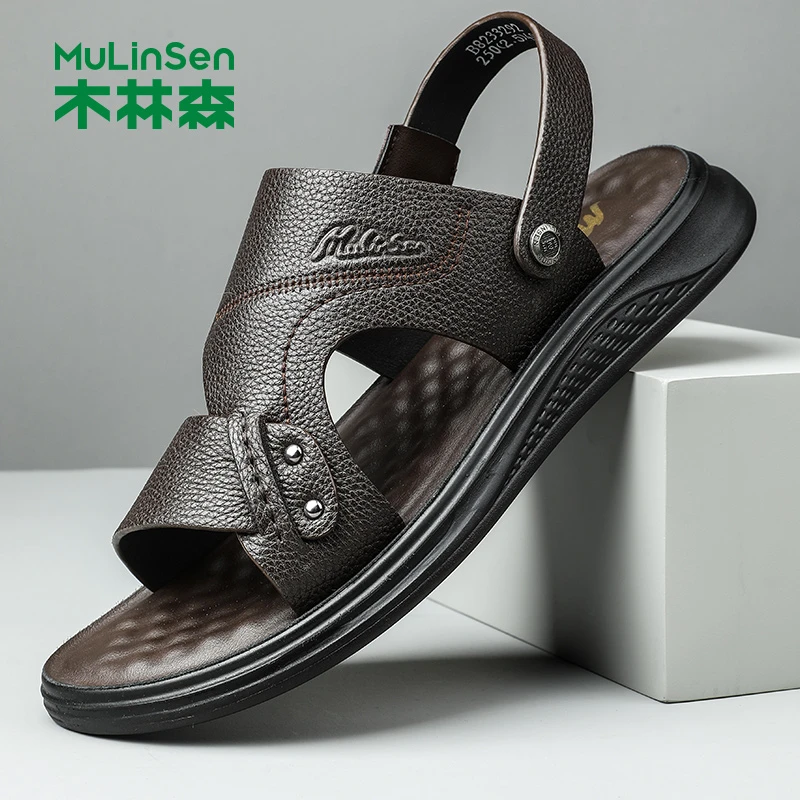 木林森凉鞋夏季新款真皮沙滩鞋男士舒适透气外穿两用皮凉拖3292