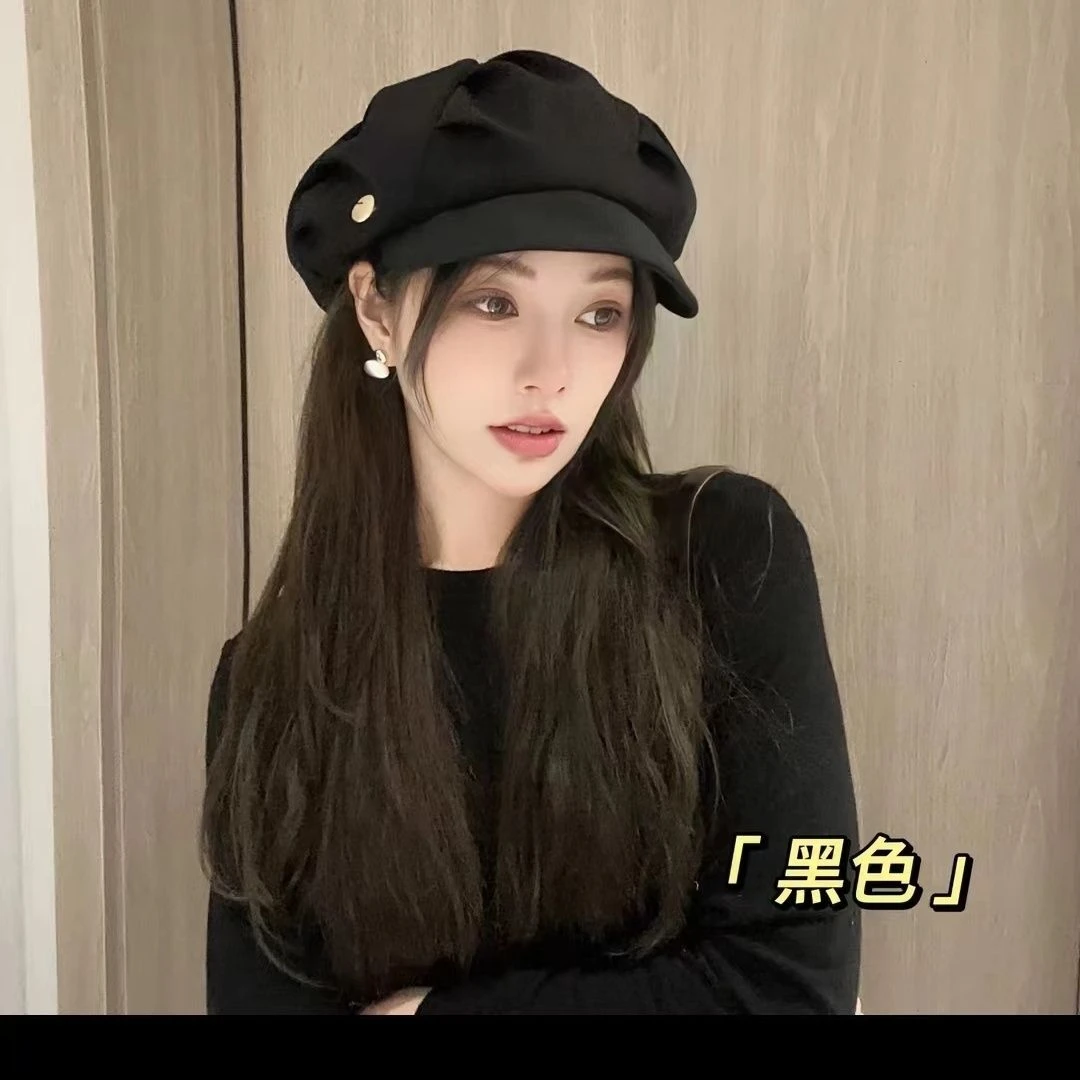 013 褶皱拼接八角帽女英伦风复古贝雷帽春秋百搭大头围报童