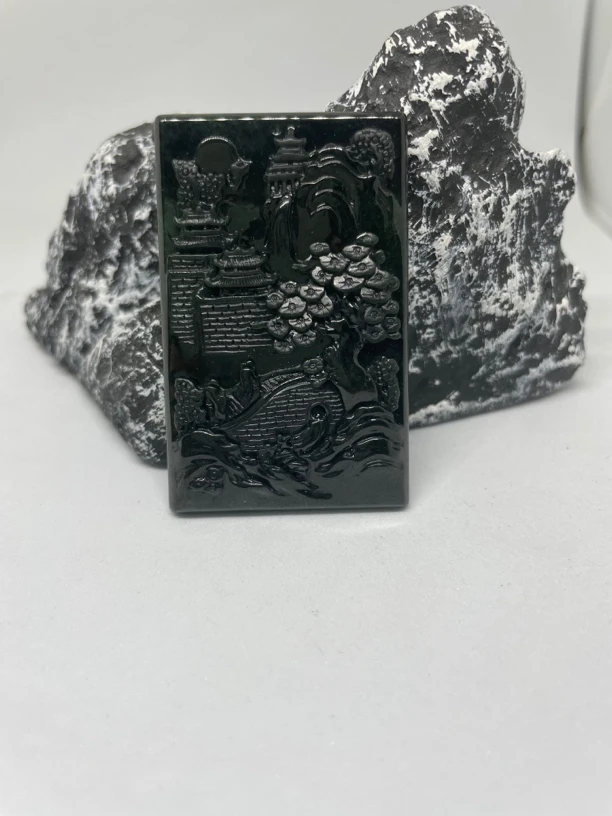 缅甸天然翡翠A货墨翠，山水牌双面雕工