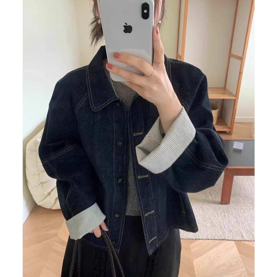 设计感普洗蓝牛仔外套女装2024秋韩版宽松条纹拼接袖口小个子夹克