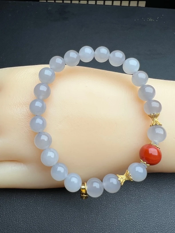 和田玉烟紫（8mm）手串搭配南红配珠S925银饰品手链手串