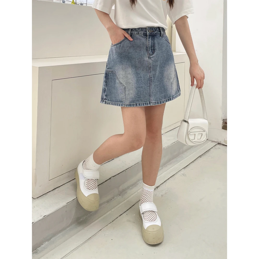 晶咕白标~短款复古水高腰A字牛仔半身裙女春季大码显瘦裙子