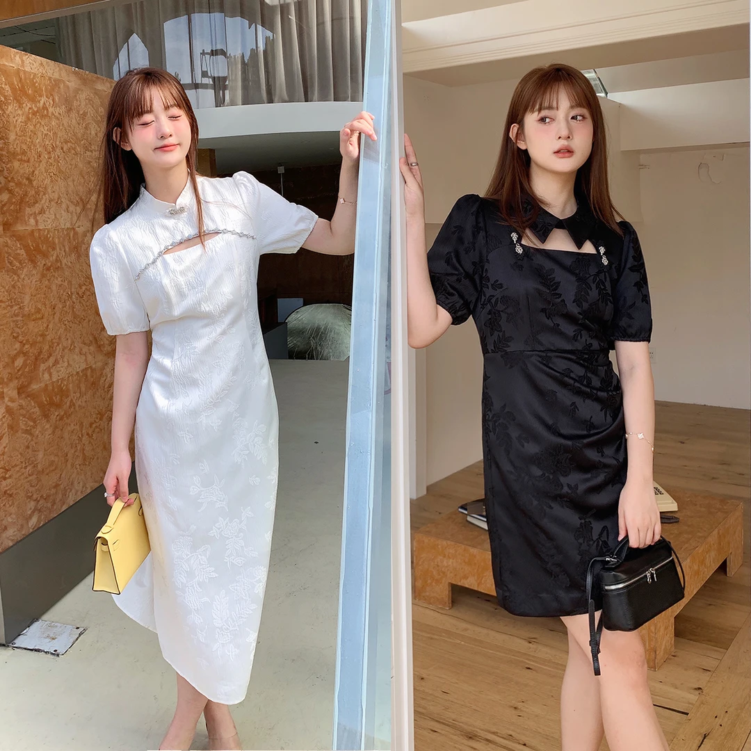 晶咕 长短款提花连衣裙女夏季大码新中式收腰显瘦裙子底底