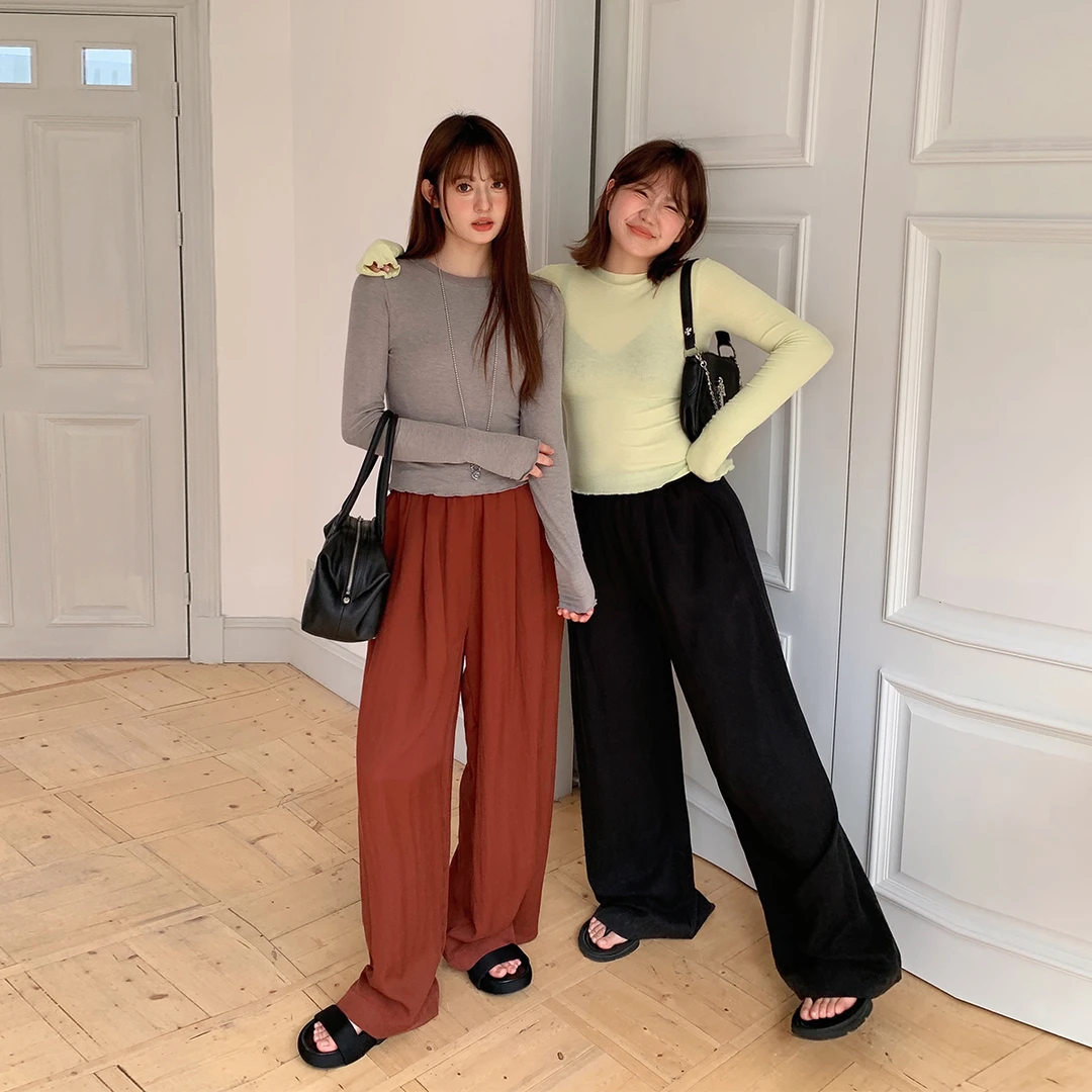 晶咕白标~圆领密拷边轻薄修身长袖T恤女早春大码百搭显瘦上衣