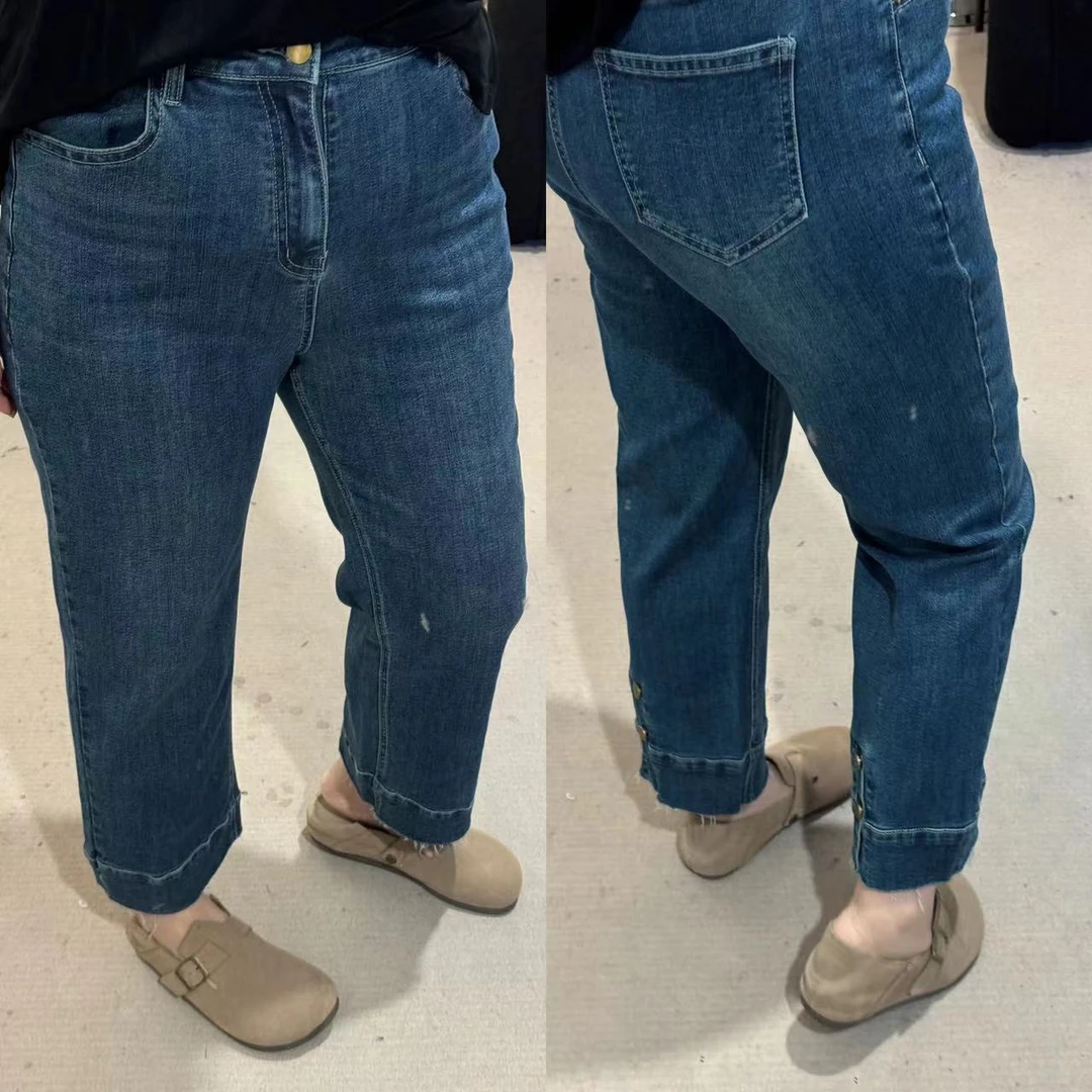 晶咕【法棍裤】高腰直筒烟管牛仔裤直筒蓝色时尚休闲百搭纽扣