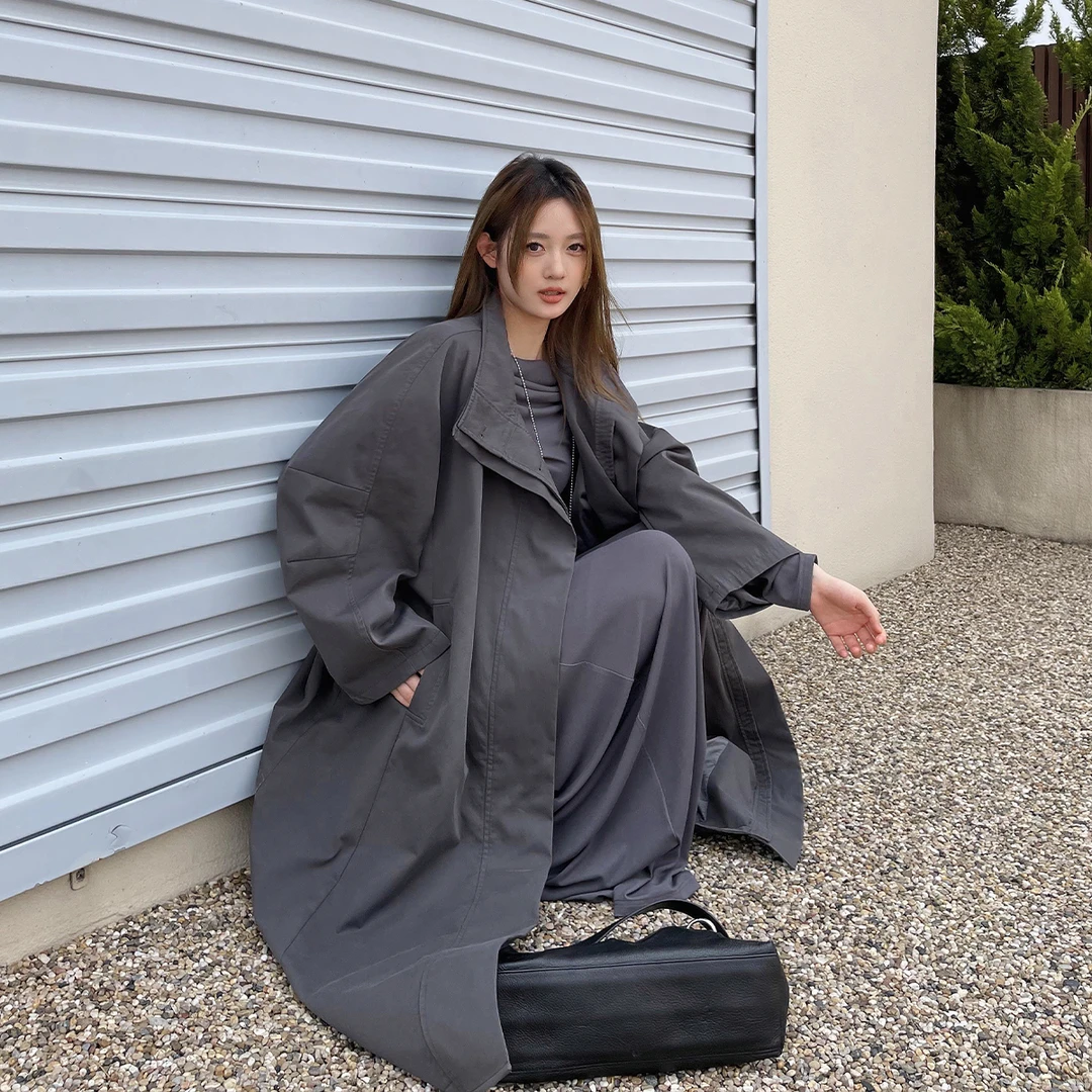 晶咕白标~早秋周刊立领廓形感长款气质风衣外套女秋季休闲外套