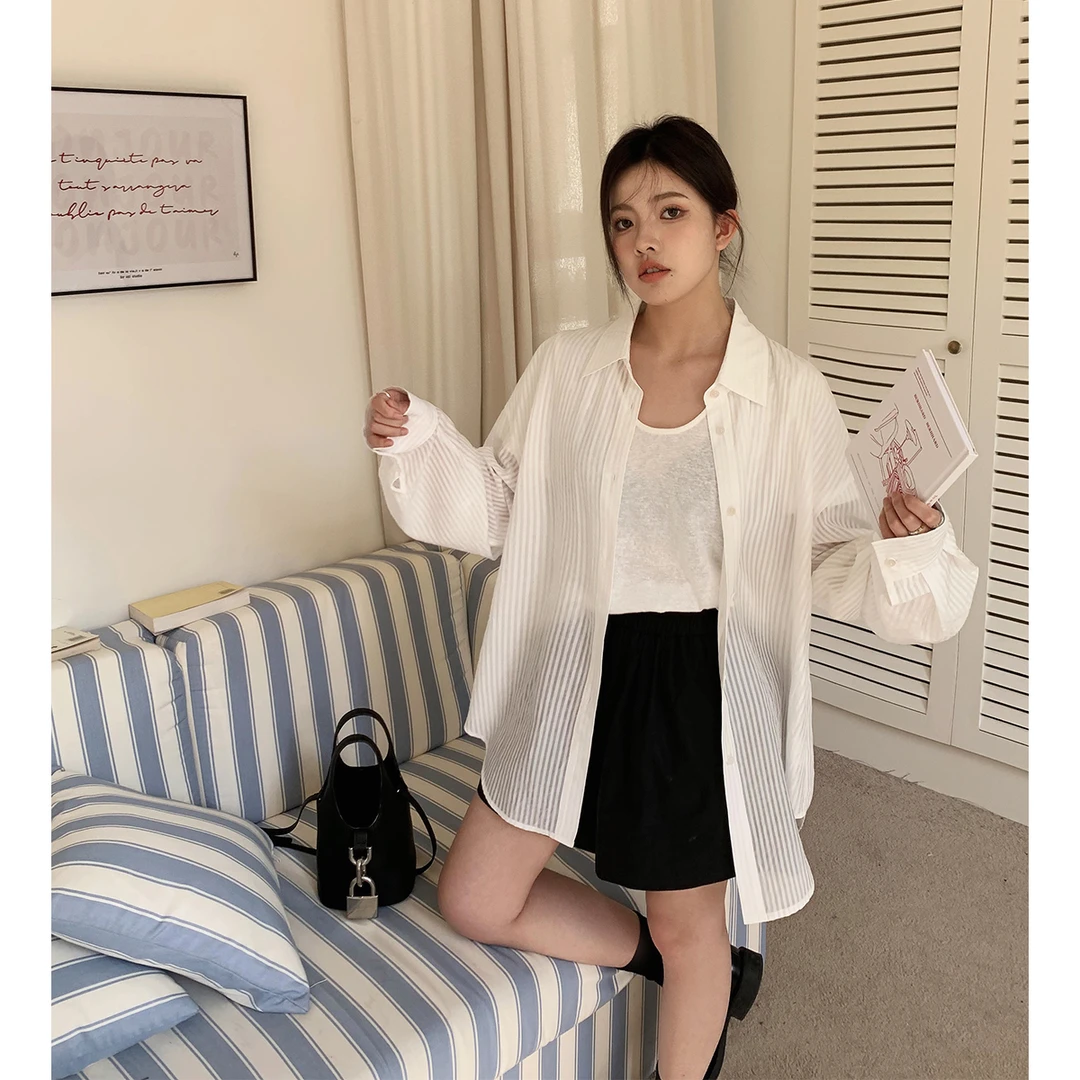 【1码可穿到150斤】晶咕白标~白桃气泡~混纺竖纹透视感防晒衬衫衬衣