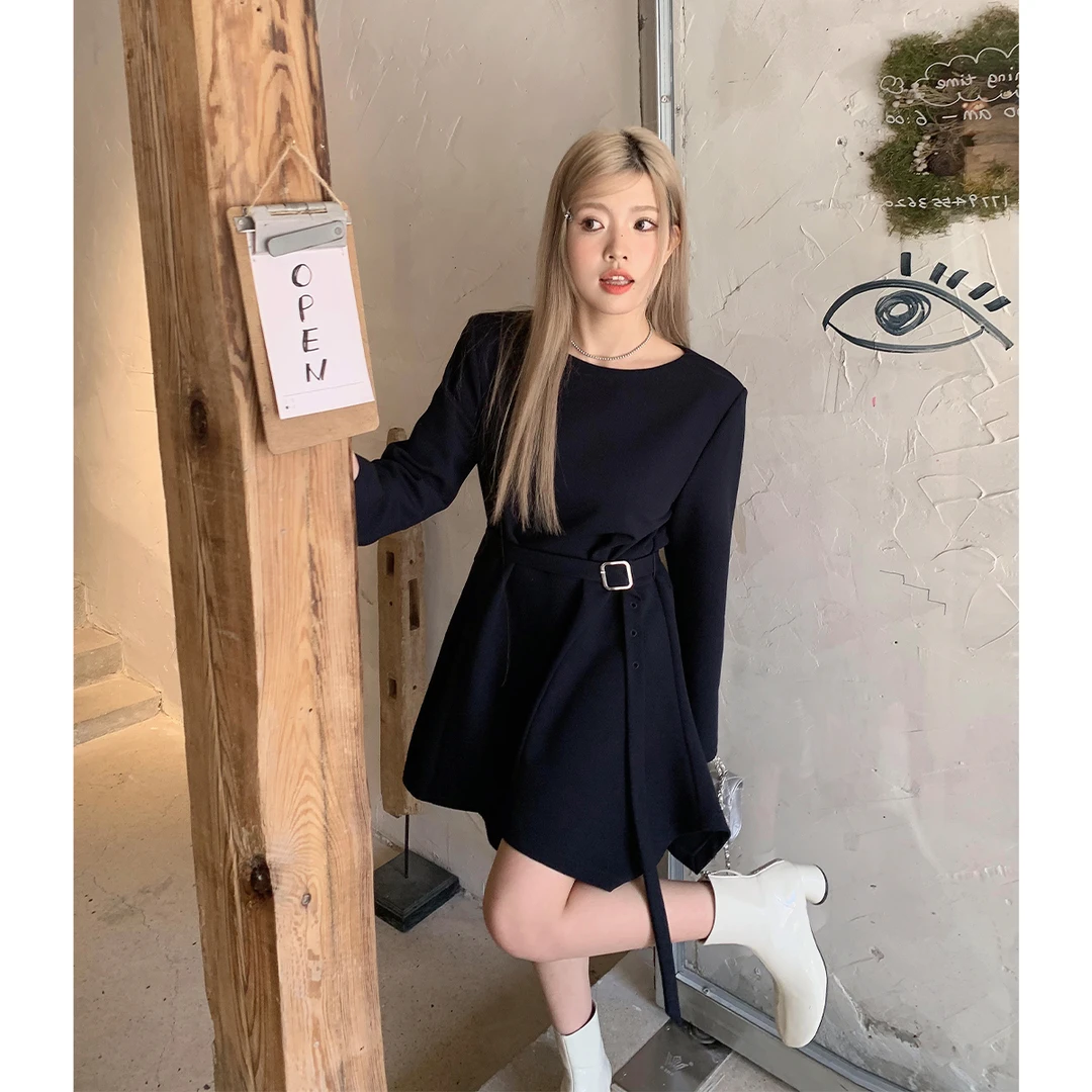 晶咕白标~蓝海之谜~带腰带不规则A字摆长短款连衣裙复古气质裙子