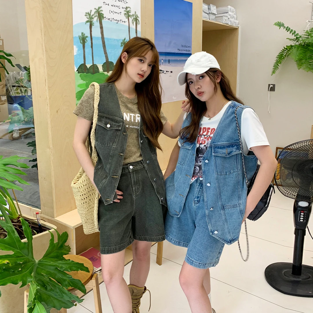 晶咕白标~美式复古水洗时髦牛仔马甲女夏季V领显瘦百搭宽松上衣